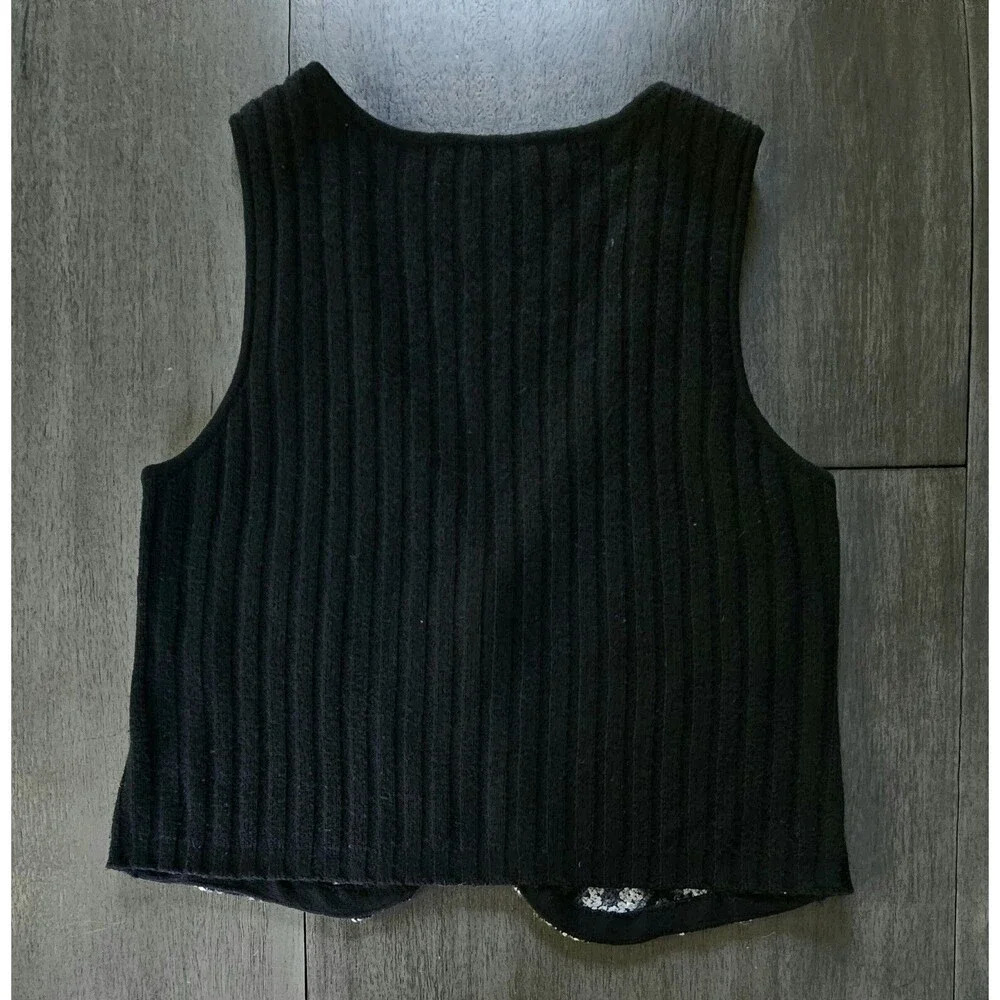Large Black Gray Granny Square Merino Wool Sweater Vest Boho Hippie Festival - Picture 6 of 6